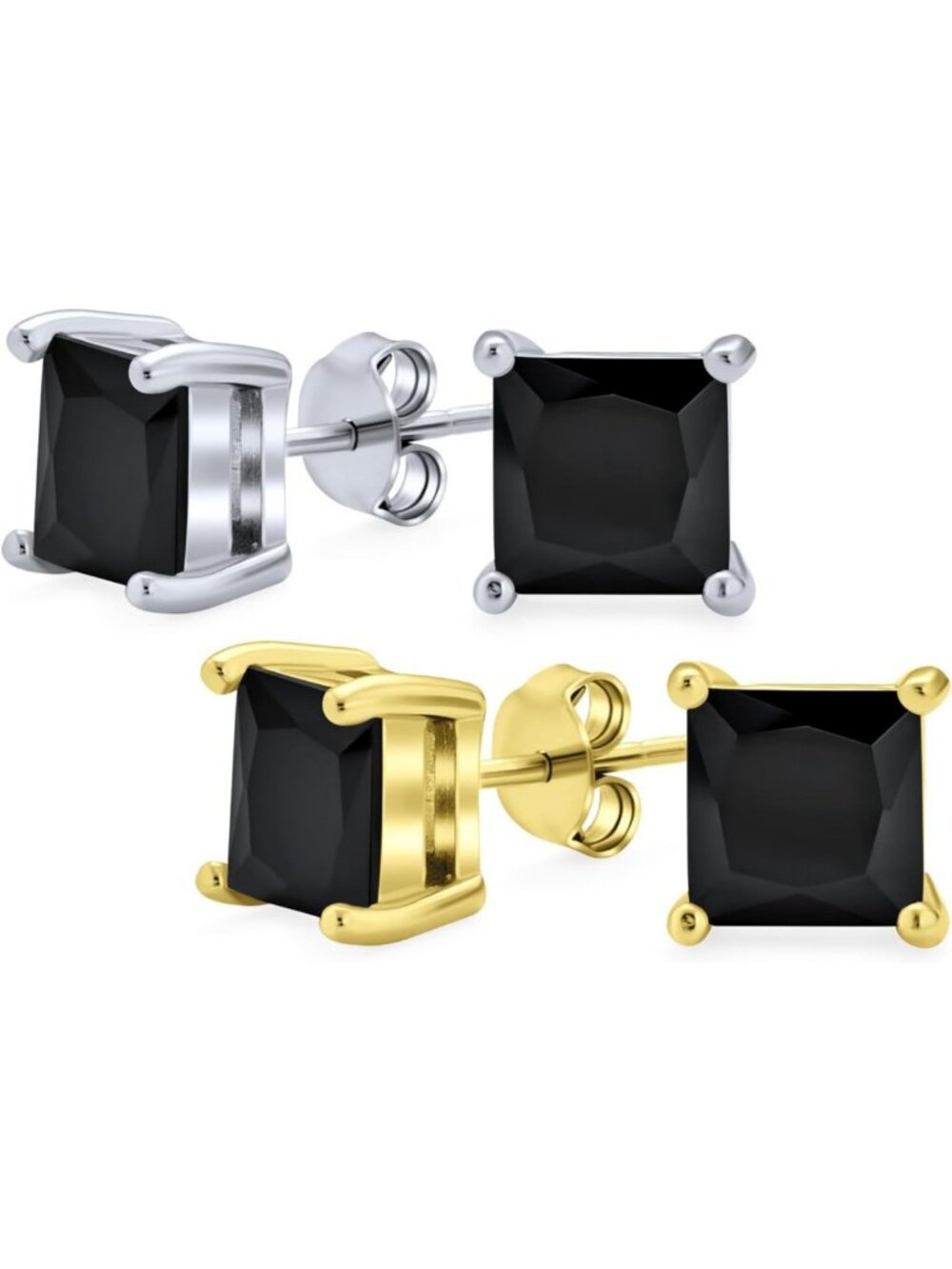 Elegant Black Square Princess Cut CZ Earrings - Gold Plated Sterling Silver Set